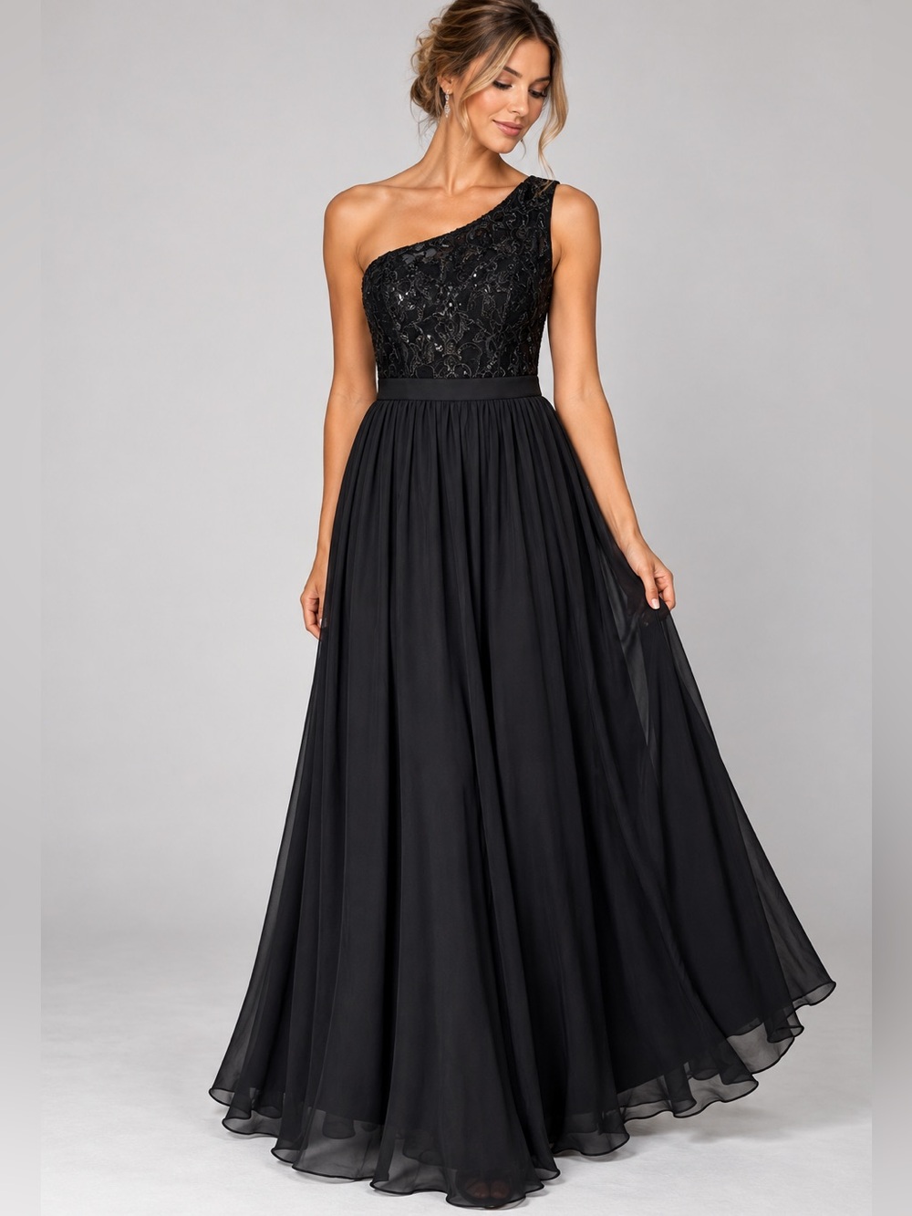 NWT Black One Shoulder Sequin Lace Chiffon Formal Evening Gown 6